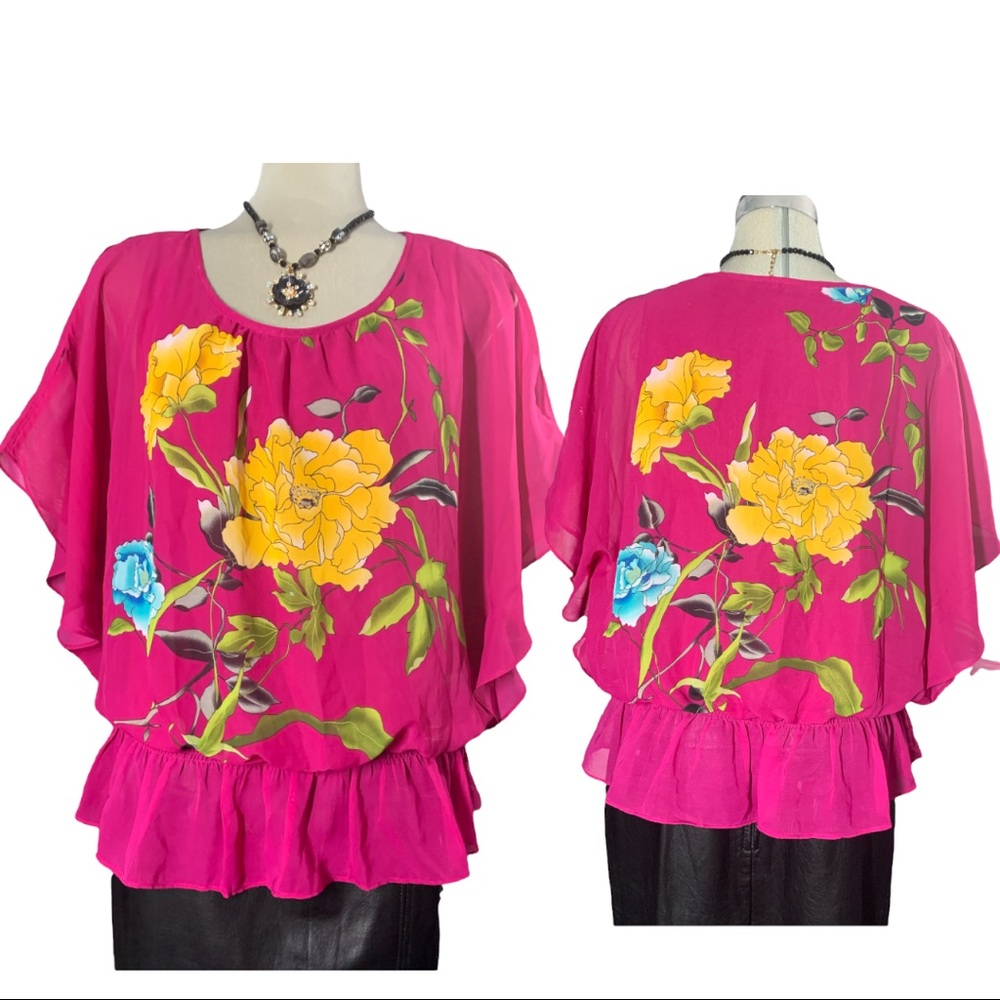 DRESSBARN Pink Floral Wide Blouse Size L Petite